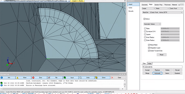 StressCheck Tutorial: Crack Front Automeshing with Mixed Mesh, Integration Layer and Grade Toward Ends Options