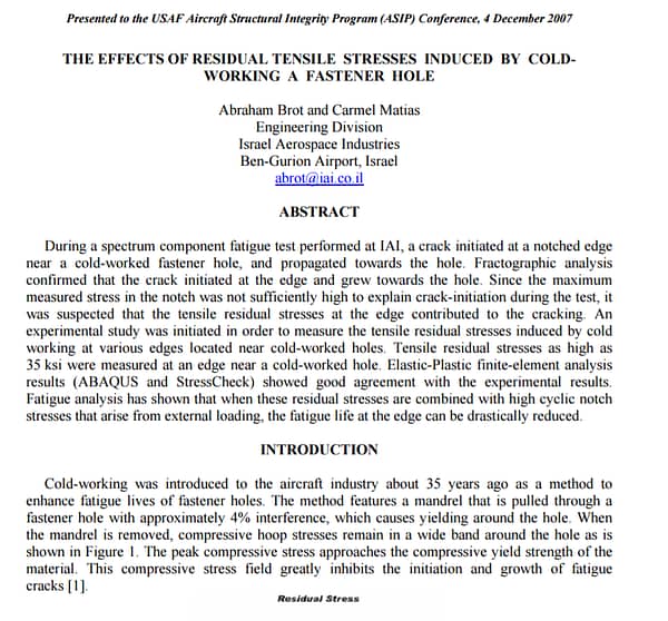 The Effects of Residual Tensile Stresses Induced by Cold-Working a Fastener Hole